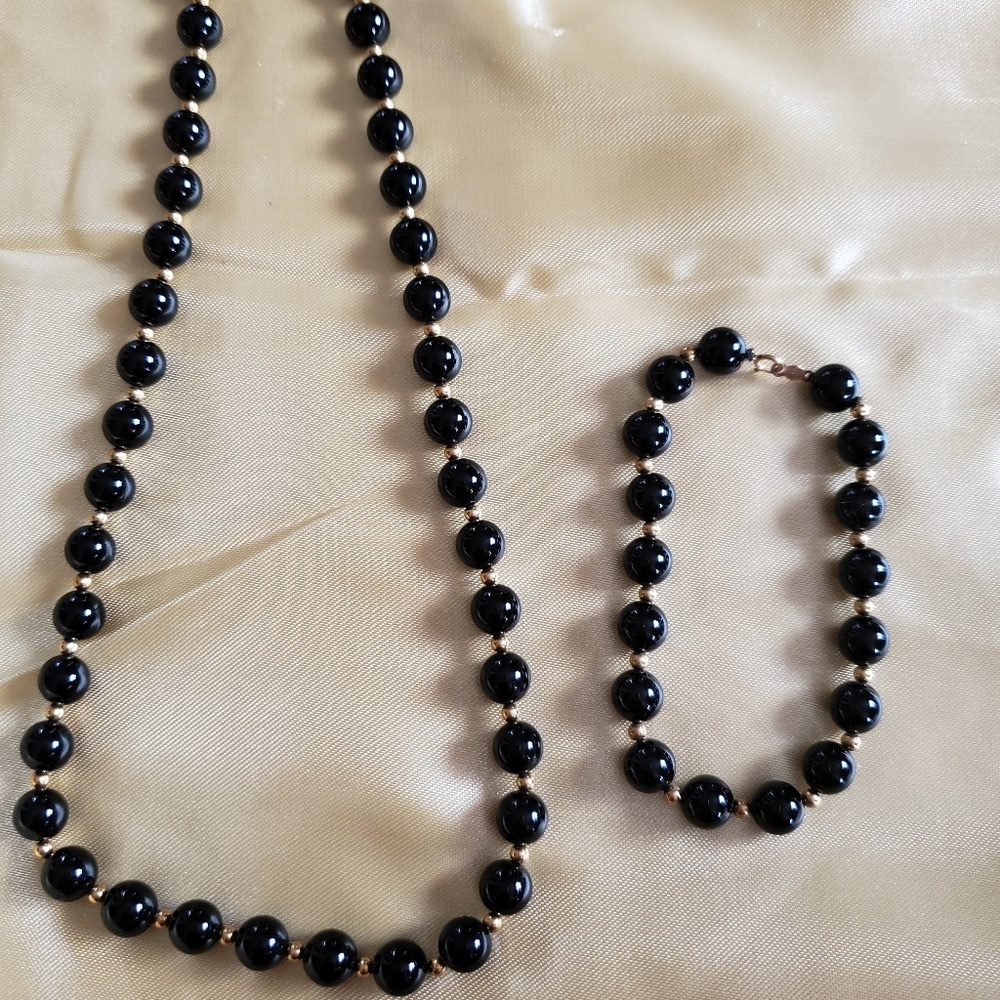 SOLD  Vintage Black beaded necklace 14 k clasp